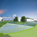 Green Landscape Design Featuring Water Area White Building Pathway And Open Space