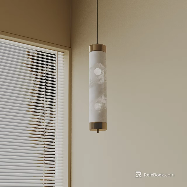 Chinese Style Pendant Light With White Lampshade Moon Cloud Pattern Brass Frame Near Window Blinds 3d model 