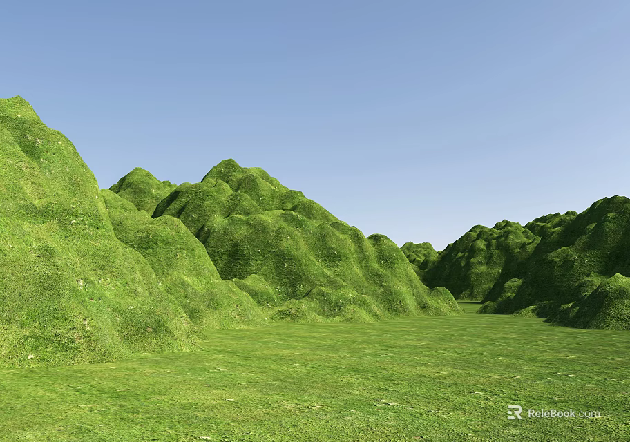 Garden Landscape with Lush Green Grass and Rolling Hills Under Blue Sky 3d model 