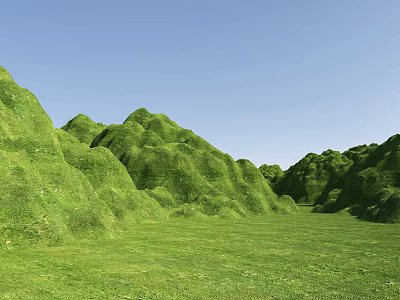 Garden Landscape with Lush Green Grass and Rolling Hills Under Blue Sky 3d model