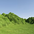 Garden Landscape with Lush Green Grass and Rolling Hills Under Blue Sky