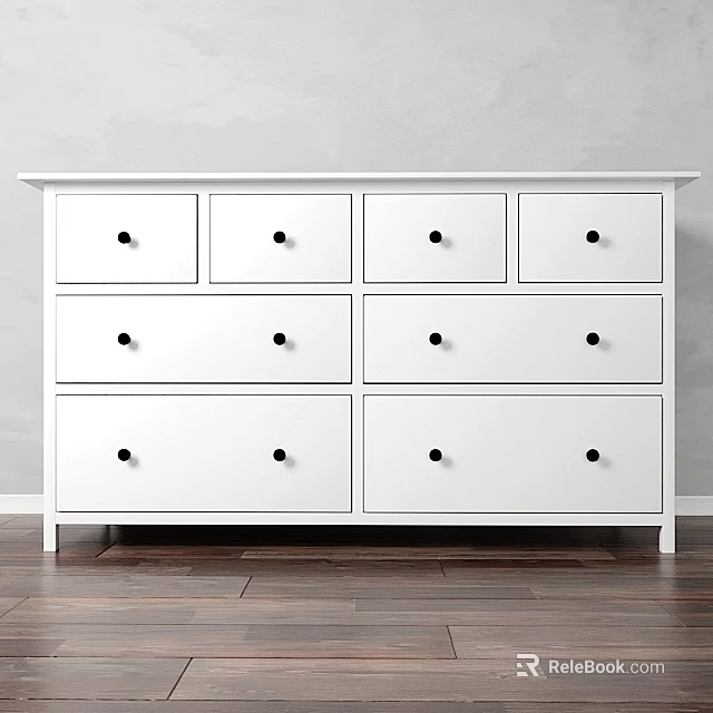 White Minimalist Modern Dresser With Multiple Drawers And Sleek Design On Wooden Floor 3d model 