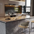 Modern Kitchen Interior Design With Marble Island Countertop Cabinets And White Chairs