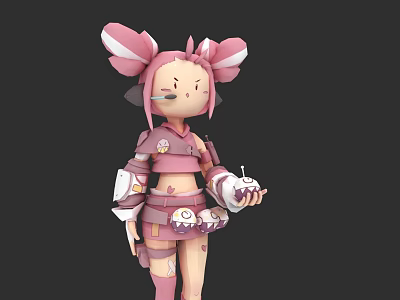 Cute Pink Game Movie Character With Large Ears Holding Dessert In 3d model