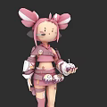 Cute Pink Game Movie Character With Large Ears Holding Dessert In