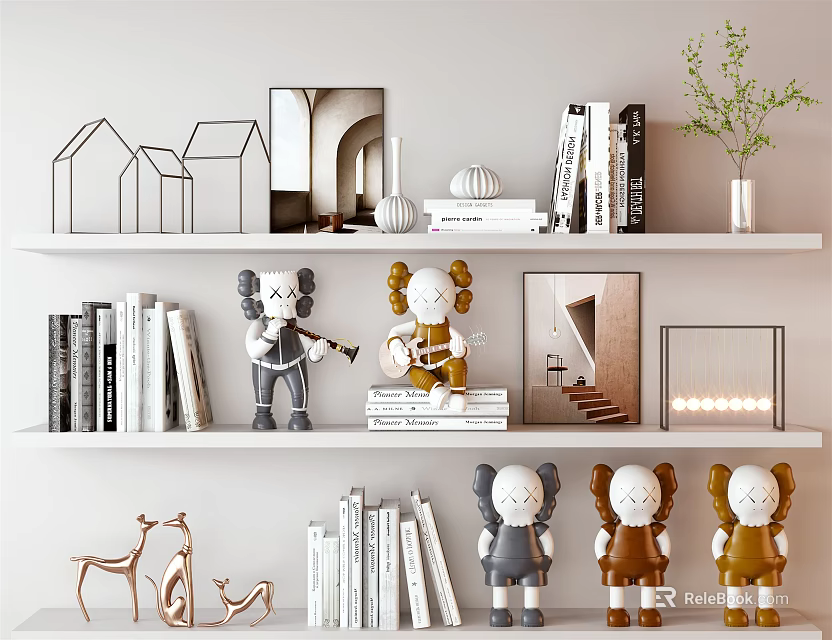 Modern Minimalist Decorative Ornament Set on Floating Shelves with Humanoid Figurines Books and Green Plant 3d model 