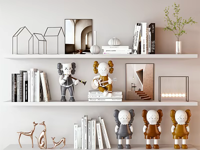 Modern Minimalist Decorative Ornament Set on Floating Shelves with Humanoid Figurines Books and Green Plant 3d model