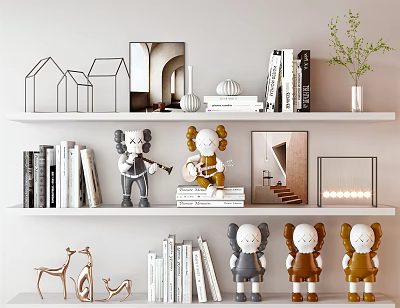 Modern Minimalist Decorative Ornament Set on Floating Shelves with Humanoid Figurines Books and Green Plant 3d model
