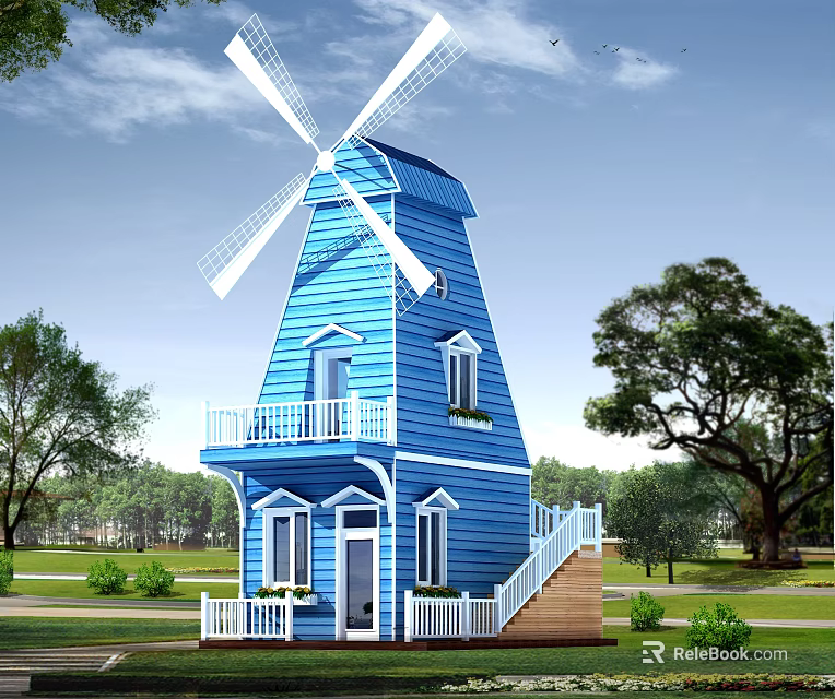 Blue Windmill Tower With White Blades Balcony Stairs And Green Trees 3d model 
