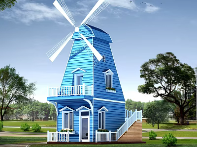 Blue Windmill Tower With White Blades Balcony Stairs And Green Trees 3d model