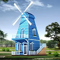 Blue Windmill Tower With White Blades Balcony Stairs And Green Trees