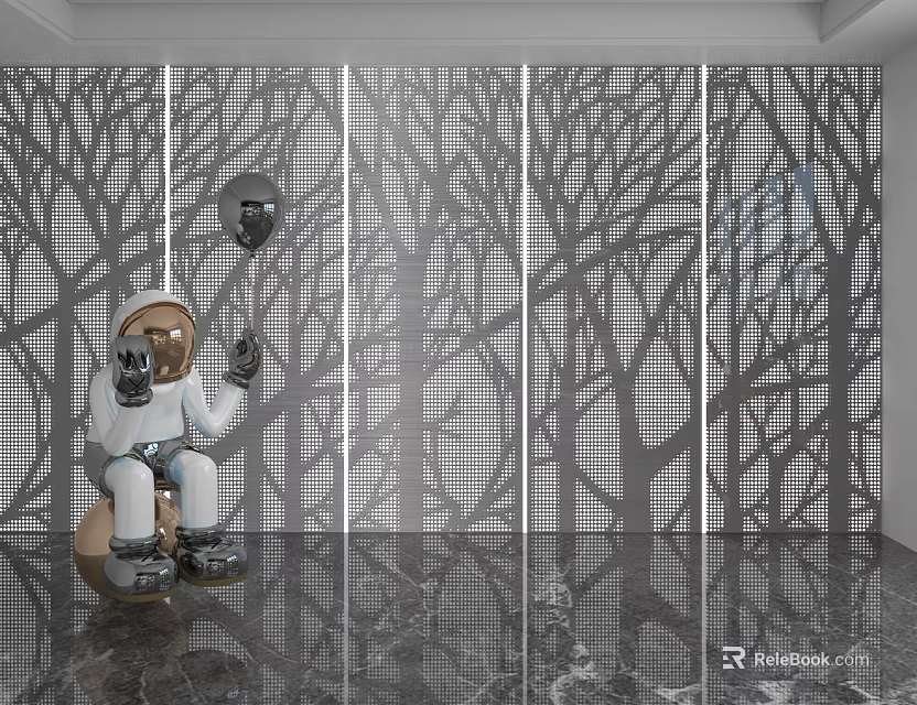 Tree Patterned Background Wall With Astronaut Figurine And Balloon On Marble Floor 3d model 
