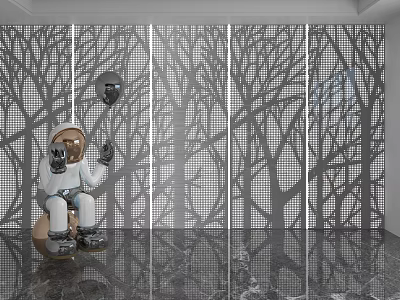 Tree Patterned Background Wall With Astronaut Figurine And Balloon On Marble Floor 3d model