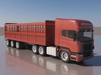 Red Cargo Utility Truck With Flatbed Rails And Multiple Wheels On Reflective Surface 3d model