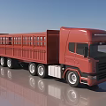 Red Cargo Utility Truck With Flatbed Rails And Multiple Wheels On Reflective Surface
