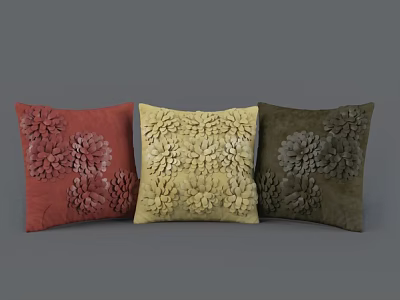 Red Yellow Brown Throw Pillows with Floral Textured Patterns for Living Room Decor 3d model