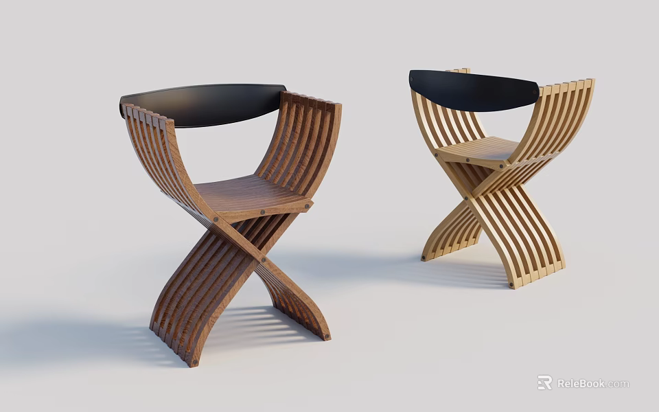 Wooden Accent Chairs With Slatted Backrest Crossed Legs And Black Cushion 3d model 