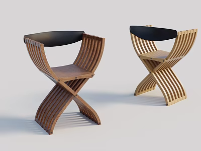 Wooden Accent Chairs With Slatted Backrest Crossed Legs And Black Cushion 3d model