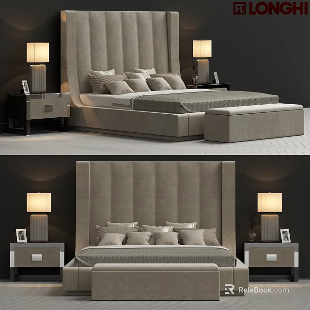Modern Double Bed With Tufted Headboard Nightstands Table Lamps And Decorative Pillows 3d model 