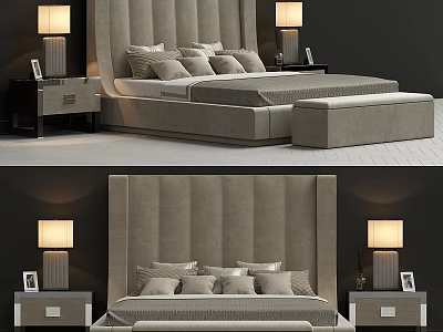 Modern Double Bed With Tufted Headboard Nightstands Table Lamps And Decorative Pillows 3d model