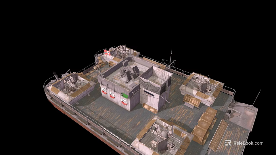Old Fashioned Military Ship Deck Displaying Structures Equipment And Cargo 3d model 