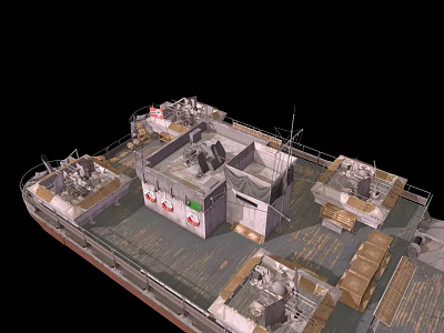 Old Fashioned Military Ship Deck Displaying Structures Equipment And Cargo 3d model