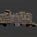 Modern Stone Walled Square Interior Space With Wooden Furniture Clay Pots And Stone Pillars