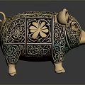 Decorative Piggy Bank As Household Item With Ornate Gold Black Patterns And Intricate Carvings