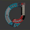 Futuristic Sci-Fi Circular Mechanical Device Featuring Metallic Blue Red Gray Texture And Grid Holes