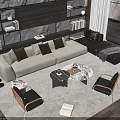 Modern Gray Sofa and Marble Coffee Table Set with Black Chairs in Open Living Room