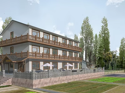 Two Story Vacation House With Wooden Balconies Outdoor Seating Green Trees And Grassy Area 3d model