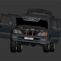 Blue Minivan with Open Doors and Hood Revealing Engine and Interior Details