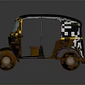 Vintage Black And Yellow Auto Rickshaw With Open Door Design And Worn Wheels