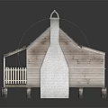 Cartoon Scene Of Long Building With Brown Tiled Roof And White Railings