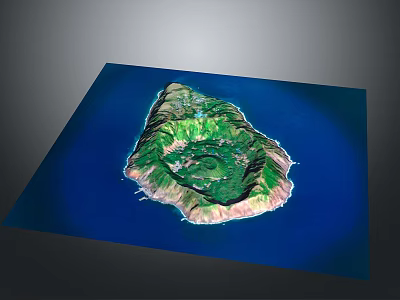 Scenic Island Landscape with Green Vegetation and Volcanic Crater Shape Surrounded by Blue Waters 3d model