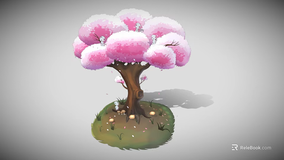 Stunning Cherry Blossom Tree With Pink Blossoms Brown Trunk Green Grass And Falling Petals 3d model 