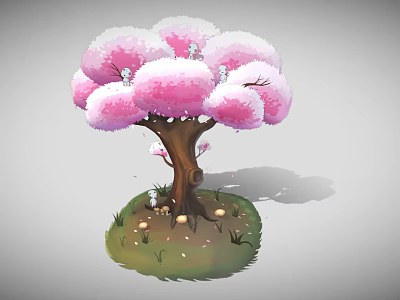 Stunning Cherry Blossom Tree With Pink Blossoms Brown Trunk Green Grass And Falling Petals 3d model