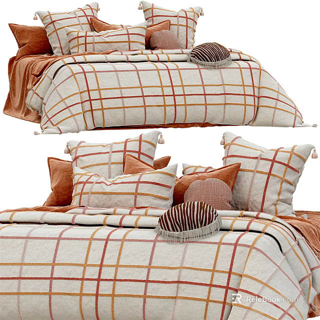Warm Double Bed With Plaid Bedspread Multiple Decorative Pillows And Soft Throw Blanket 3d model
