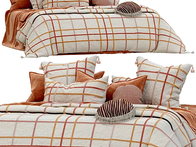 Warm Double Bed With Plaid Bedspread Multiple Decorative Pillows And Soft Throw Blanket 3d model