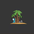Blue Animal Standing On Tropical Island With Palm Trees And Blue Water