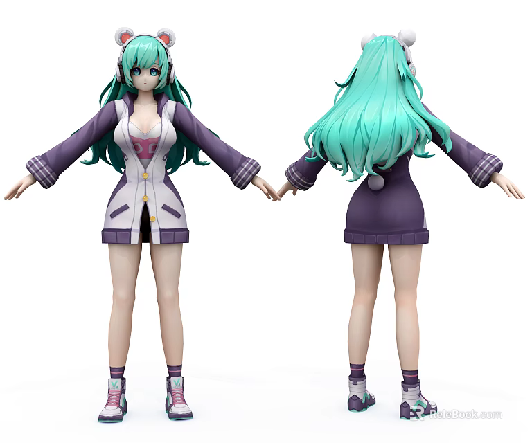 Game and Movie Character With Green Long Hair Cat Ears Purple White Coat Short Skirt 3d model 