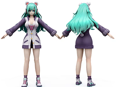 Game and Movie Character With Green Long Hair Cat Ears Purple White Coat Short Skirt 3d model