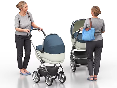 Woman Pushing Blue And Gray Stroller In Front And Back Views 3d model