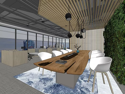 Hotel Public Lounge Area With Long Wooden Table White Chairs And Green Plant Wall 3d model
