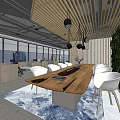 Hotel Public Lounge Area With Long Wooden Table White Chairs And Green Plant Wall