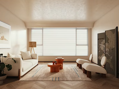 Modern Living Room Interior Design With White Sofa Floor Lamp Coffee Table Blinds And Rug 3d model