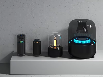 Sleek Modern Black Headphones and Speakers with Illuminated Rings Displayed on Gray Platform in Contemporary Setting 3d model