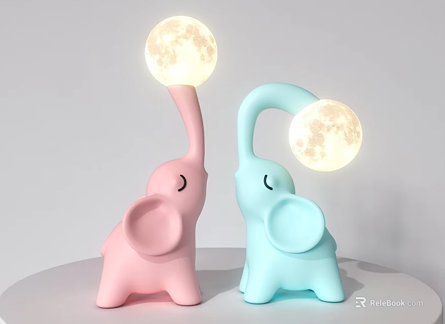 Cute Pink and Blue Elephant Shaped Table Lamps with Moon Light Design 3d model 