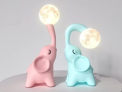 Cute Pink and Blue Elephant Shaped Table Lamps with Moon Light Design 3d model