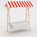 Wooden Market Stall With Red White Striped Awning And White Cloth Table